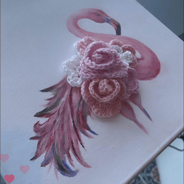 Painting Flamingo with a touch of crochet