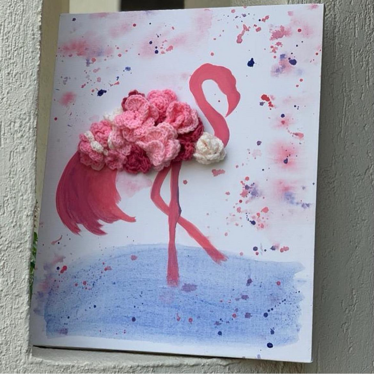 Painting Flamingo with a touch of crochet